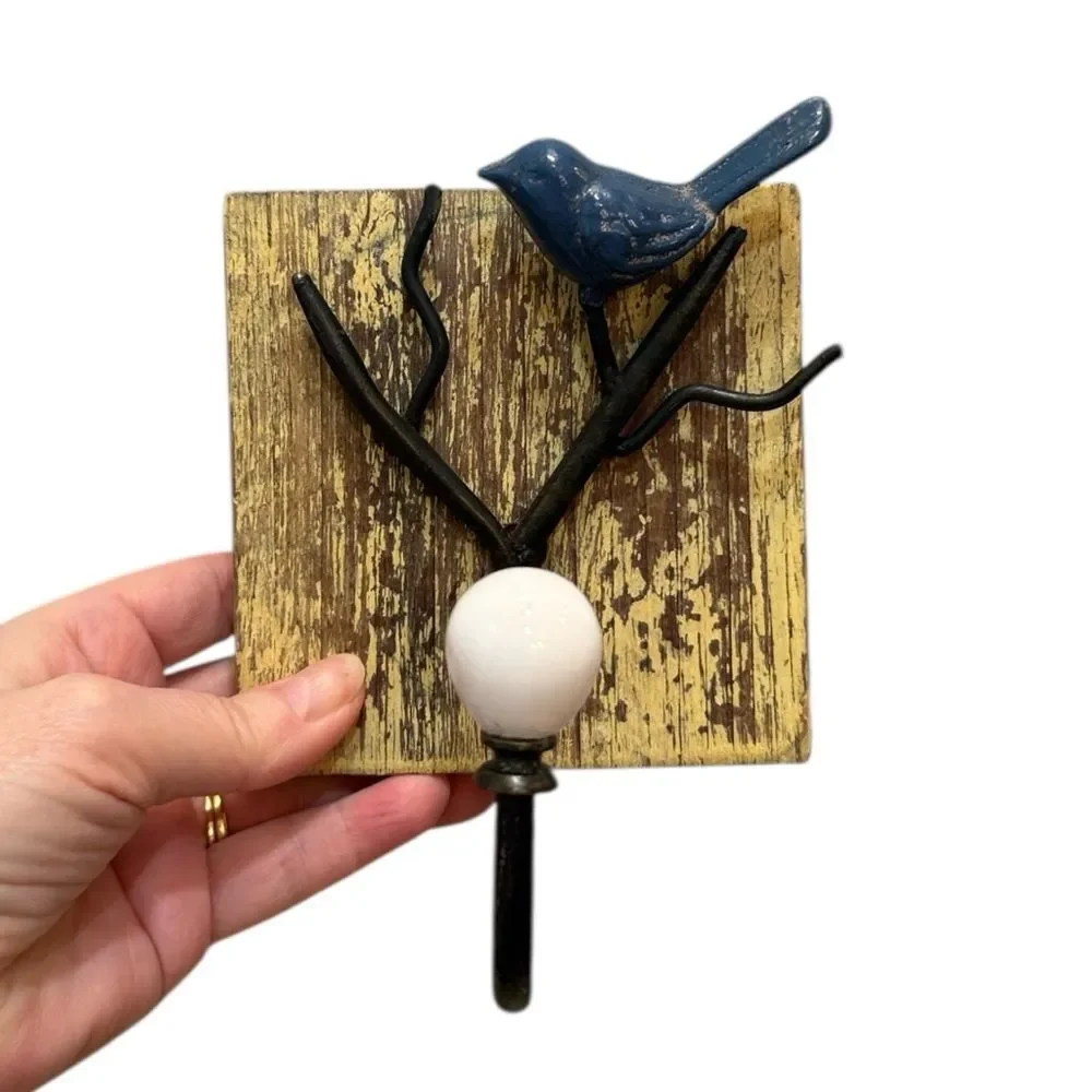 Rustic Wood Mounted Bird on Branch Wall Hook Rustic Farmhouse Cottagecore
